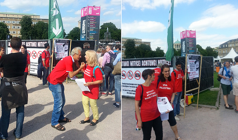 Flugblätter gegen Santanas Untertüzung von Israel